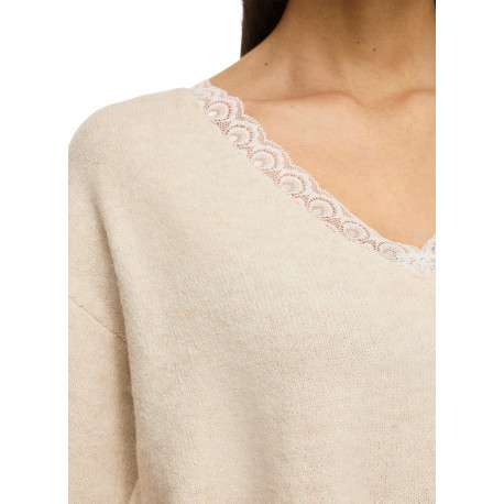 Pull écru à coupe droite pourvu d'un col v et de manches longues - Image 3