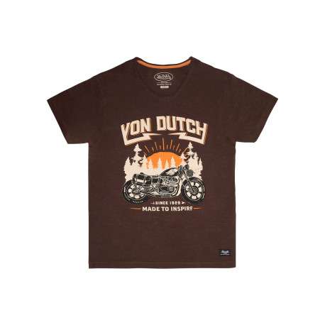 T-shirt en coton marron à imprimé moto forêt doté d'une coupe droite