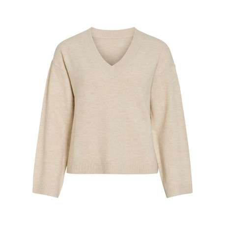 Pull écru à coupe droite pourvu d'un col v et de manches longues