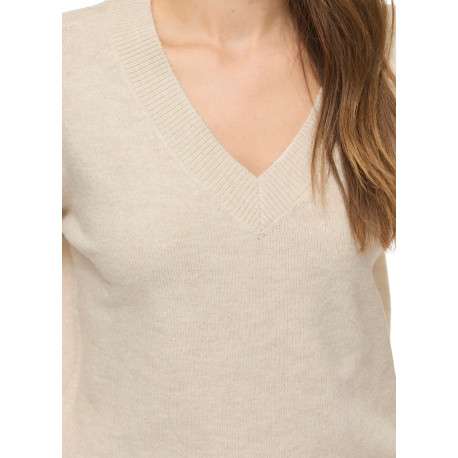 Pull écru à coupe droite pourvu d'un col v et de manches longues - Image 3