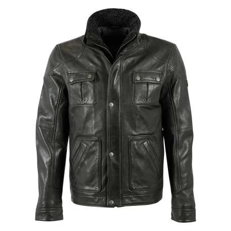 Blouson en cuir de mouton vert foncé à coupe droite pourvu d'un col montant