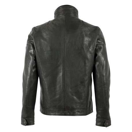 Blouson en cuir de mouton vert foncé à coupe droite pourvu d'un col montant - Image 2