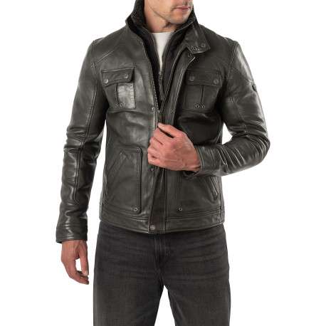 Blouson en cuir de mouton vert foncé à coupe droite pourvu d'un col montant - Image 3