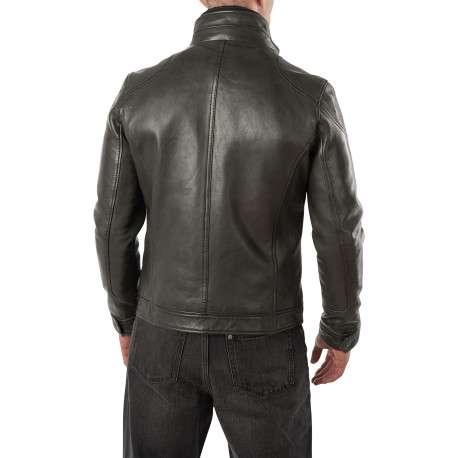 Blouson en cuir de mouton vert foncé à coupe droite pourvu d'un col montant - Image 4