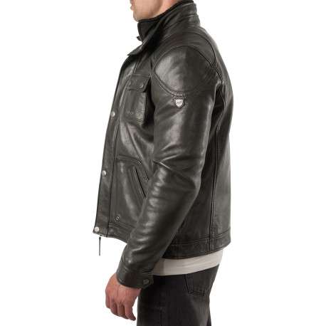 Blouson en cuir de mouton vert foncé à coupe droite pourvu d'un col montant - Image 5
