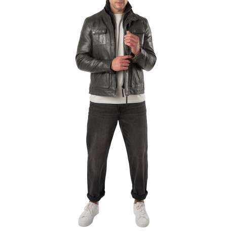 Blouson en cuir de mouton vert foncé à coupe droite pourvu d'un col montant - Image 6