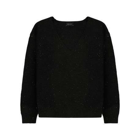 Pull en maille noire pailletée à col en V plongeant avec des manches longues