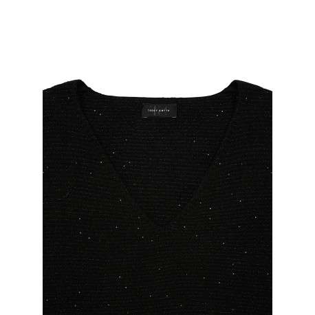 Pull en maille noire pailletée à col en V plongeant avec des manches longues - Image 3