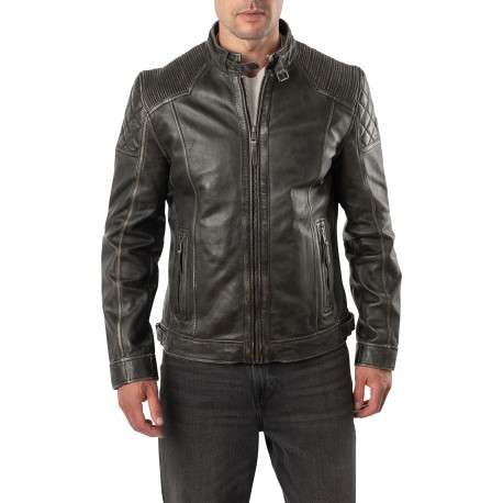 Blouson en cuir de mouton marron à coupe droite pourvu d'un col motard - Image 3