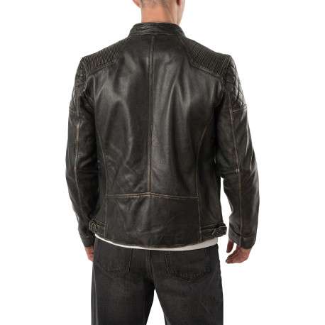 Blouson en cuir de mouton marron à coupe droite pourvu d'un col motard - Image 4