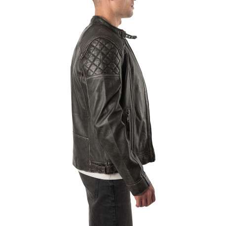 Blouson en cuir de mouton marron à coupe droite pourvu d'un col motard - Image 5