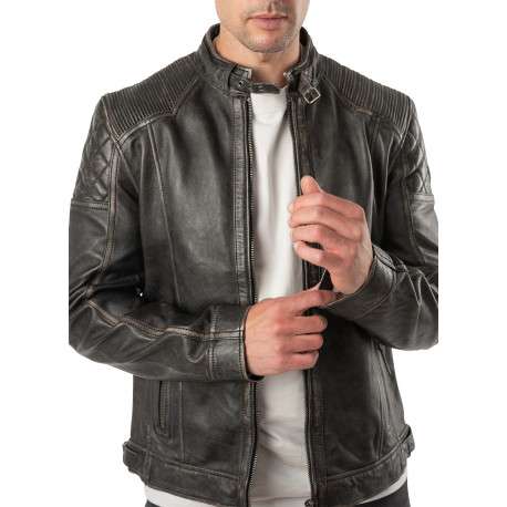 Blouson en cuir de mouton marron à coupe droite pourvu d'un col motard - Image 6
