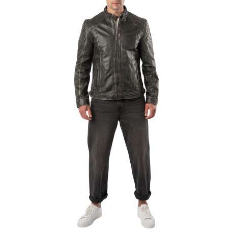 Blouson en cuir de mouton marron à coupe droite pourvu d'un col motard - Image 7