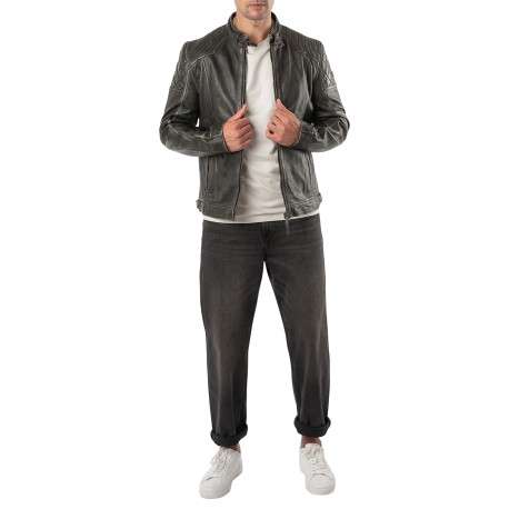 Blouson en cuir de mouton marron à coupe droite pourvu d'un col motard - Image 8