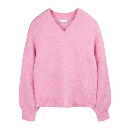 Pull en maille duveteuse rose vif à col en V et manches longues