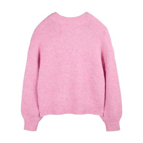Pull en maille duveteuse rose vif à col en V et manches longues - Image 2