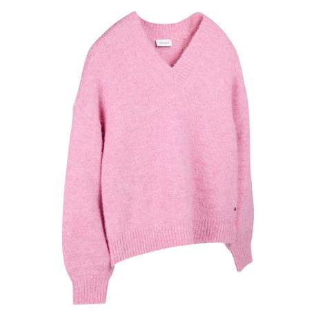 Pull en maille duveteuse rose vif à col en V et manches longues - Image 3