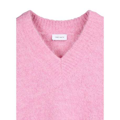 Pull en maille duveteuse rose vif à col en V et manches longues - Image 4