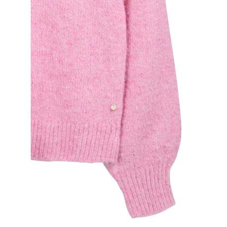 Pull en maille duveteuse rose vif à col en V et manches longues - Image 5