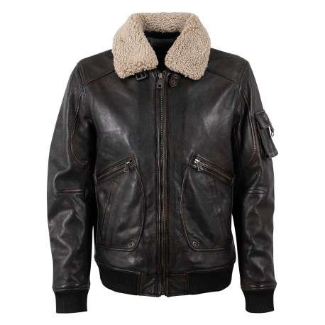 Blouson en cuir de mouton marron à coupe droite pourvu d'un col à revers