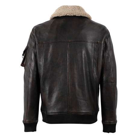 Blouson en cuir de mouton marron à coupe droite pourvu d'un col à revers - Image 2