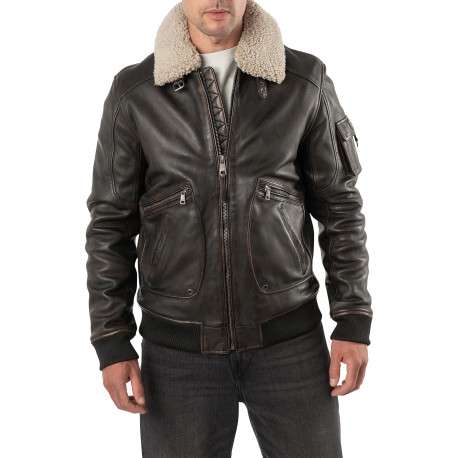 Blouson en cuir de mouton marron à coupe droite pourvu d'un col à revers - Image 3