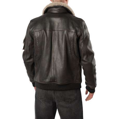 Blouson en cuir de mouton marron à coupe droite pourvu d'un col à revers - Image 4