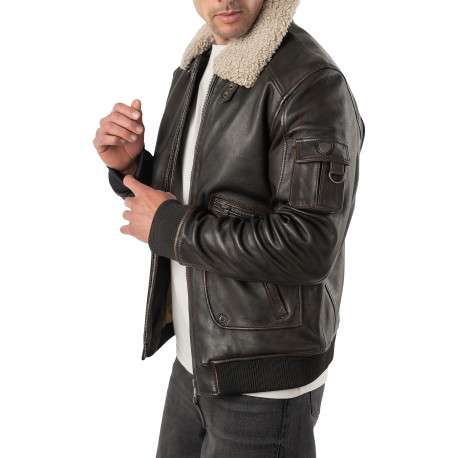 Blouson en cuir de mouton marron à coupe droite pourvu d'un col à revers - Image 5