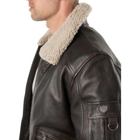 Blouson en cuir de mouton marron à coupe droite pourvu d'un col à revers - Image 6