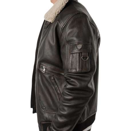 Blouson en cuir de mouton marron à coupe droite pourvu d'un col à revers - Image 7