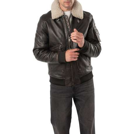 Blouson en cuir de mouton marron à coupe droite pourvu d'un col à revers - Image 8