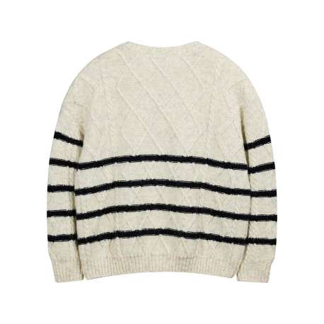 Pull marin en maille torsadée écru à rayures noires et boutons à l'épaule - Image 3