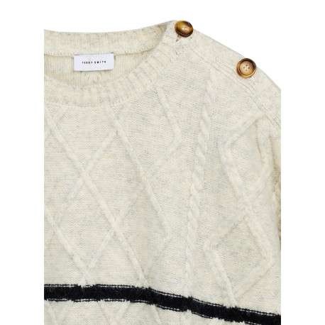 Pull marin en maille torsadée écru à rayures noires et boutons à l'épaule - Image 4
