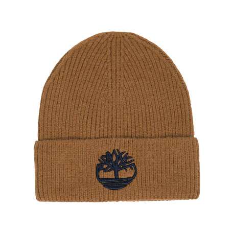 Bonnet en tricot côtelé camel à un revers orné du logo brodé