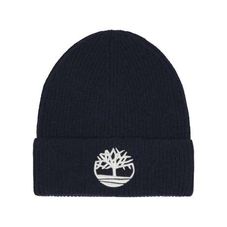 Bonnet en tricot côtelé bleu nuit avec un revers orné du logo brodé