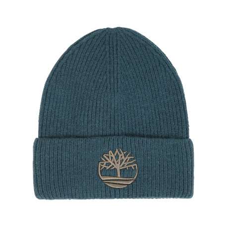 Bonnet pétrole en tricot côtelé pourvu d'un revers avec le logo brodé