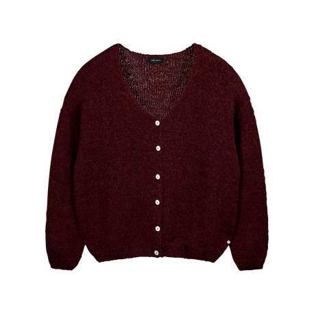 Gilet bordeaux en maille duveteuse doté d'un col en V et d'une coupe large
