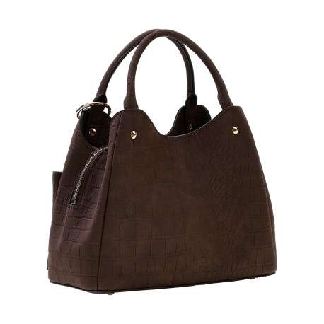 Sac à mains Lorella chocolat avec un imprimé effet croco et un logo triangle - Image 2