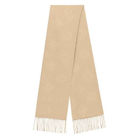 Écharpe rectangulaire beige avec des motifs monogrammes et des bords à franges