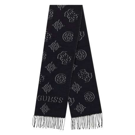 Écharpe noire à motifs monogrammes et avec des bords à franges