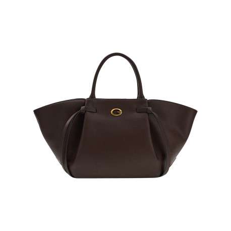 Sac à main porté épaule marron uni avec un zip doré et un bouton pression