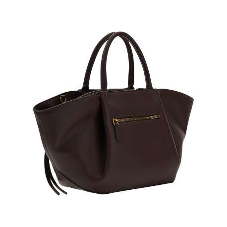 Sac à main porté épaule marron uni avec un zip doré et un bouton pression - Image 3