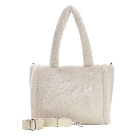 Sac à main cabas écru en full sherpa avec deux anses et fermeture zippée - Image 2