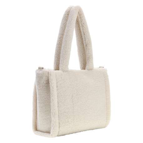 Sac à main cabas écru en full sherpa avec deux anses et fermeture zippée - Image 3
