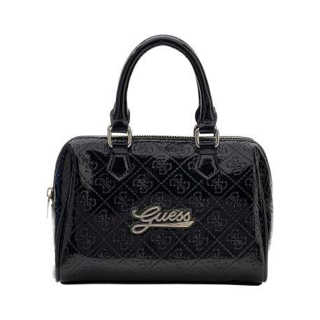 Sac à main verni noir à motifs monogrammes avec une fermeture zippée