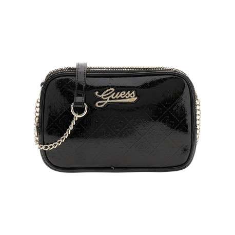 Sac à bandoulière verni noir avec monogrammes et bandoulière amovible