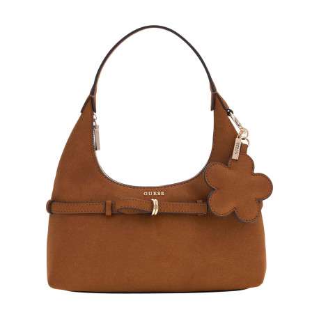 Sac à main porté épaule en suède camel orné d'un charms amovible