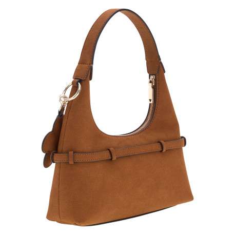 Sac à main porté épaule en suède camel orné d'un charms amovible - Image 2