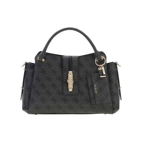 Sac à main noir orné d'un monogramme logotypé et le logo doré