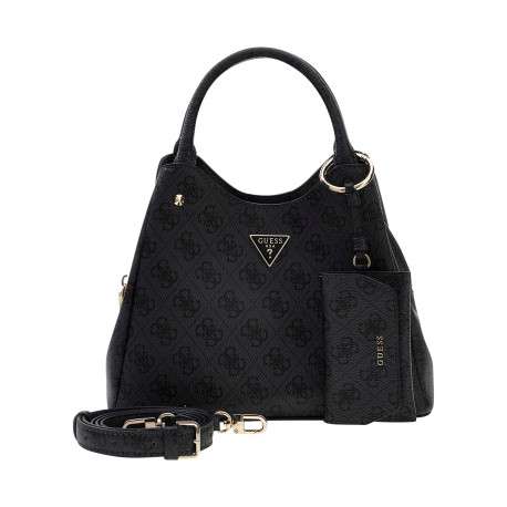 Sac à main noir Lorella à motifs avec une fermeture zippée et un bouton-pression